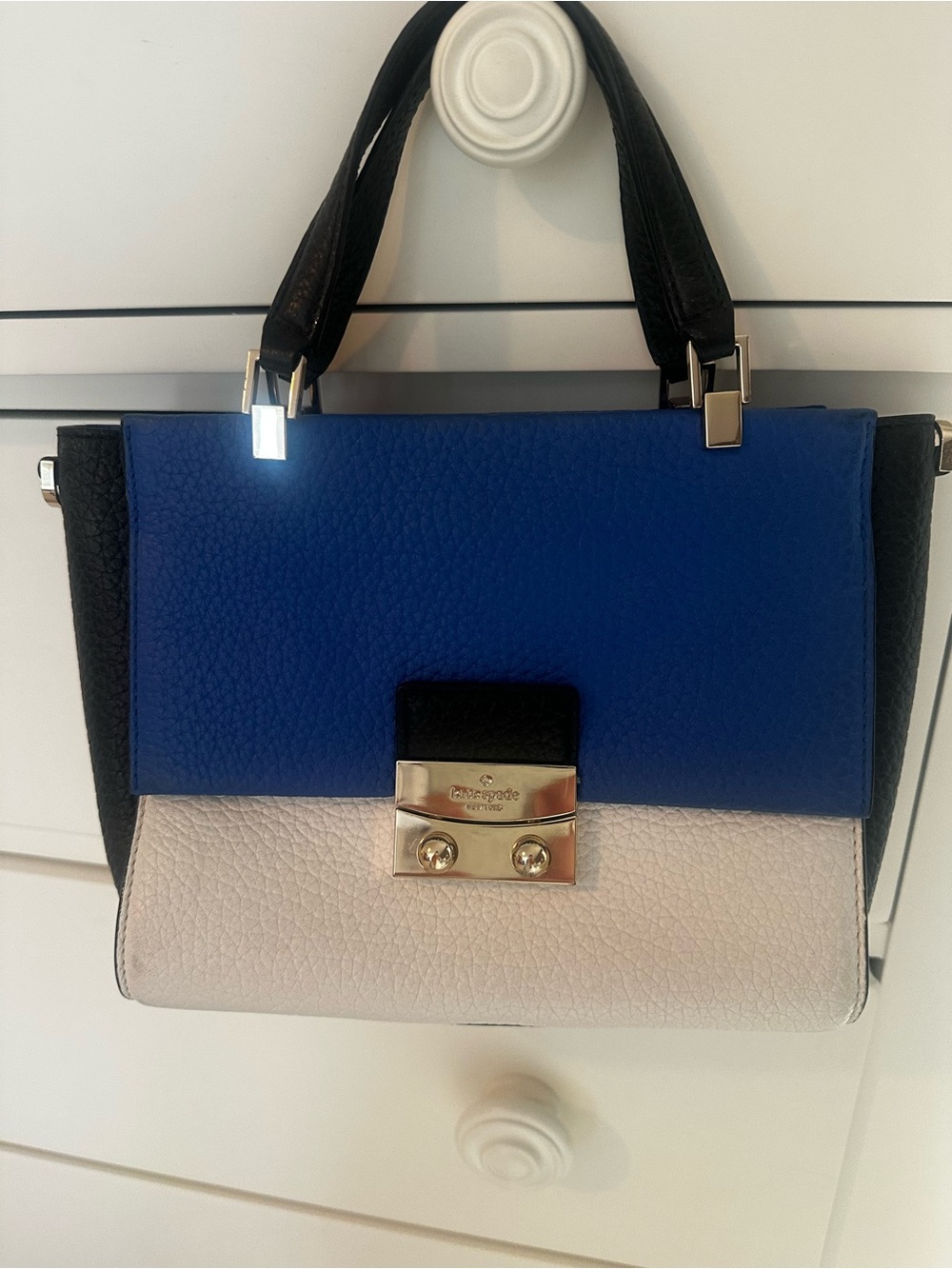 Contrast Leather Satchel Handbag in Blue, Black & Cream - Kate Spade